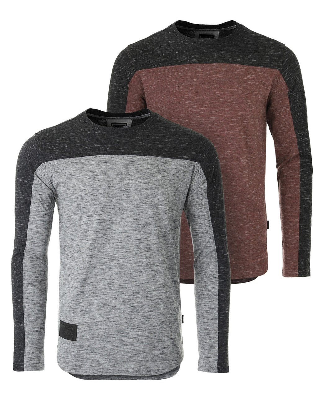 Athletic Color Block Long Sleeve Curved Hemline Casual Shirt (Black/Maroon) Pack of 2